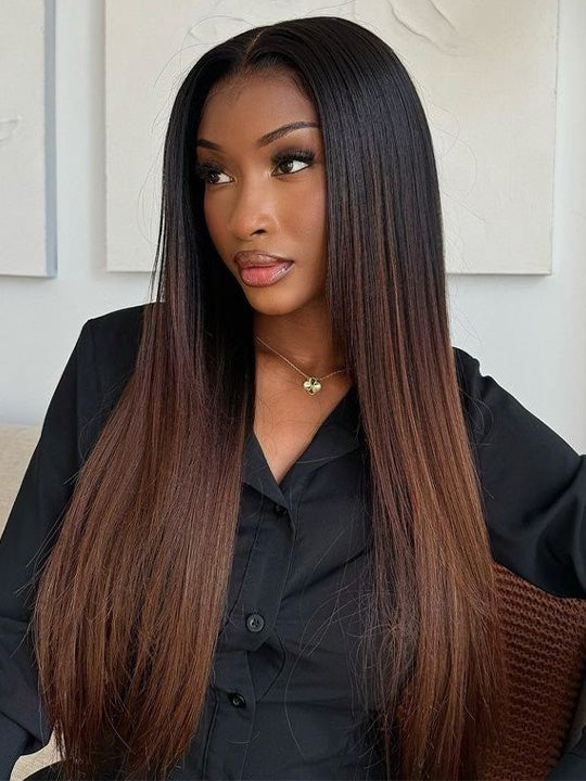Ombre Brown  Silky Straight Hair Full Lace Wig Fake Scalp Colored Lace Frontal Wig
