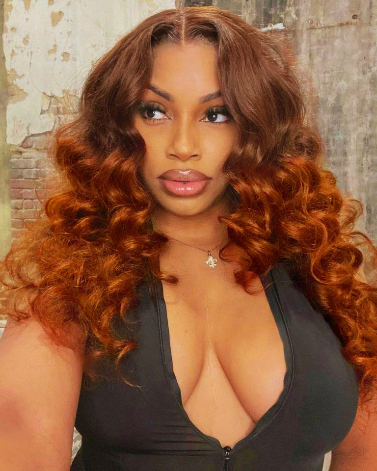 Kisslove Hair Pre Everything Ombre Rich Brown To Ginger Color 3D Body Wave Glueless Lace Frontal Wig