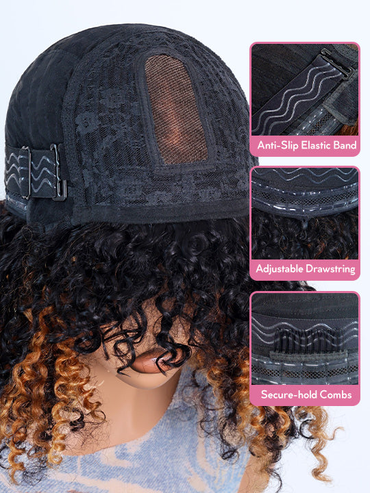 Bouncy Natural Wave Wig with Bangs Glueless 3x1 Lace Pull & Go Drawstring Wig