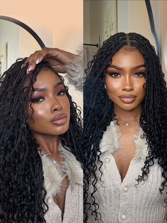 Glueless Full Lace Lightweight Ready-To-Go Box Braided Wig with Human Hair Boho Curls