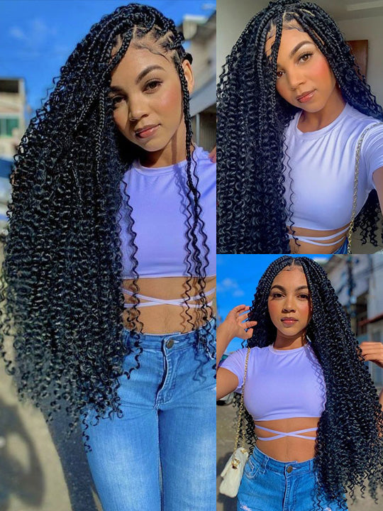 Glueless Full Lace Lightweight Ready-To-Go Box Braided Wig with Human Hair Boho Curls
