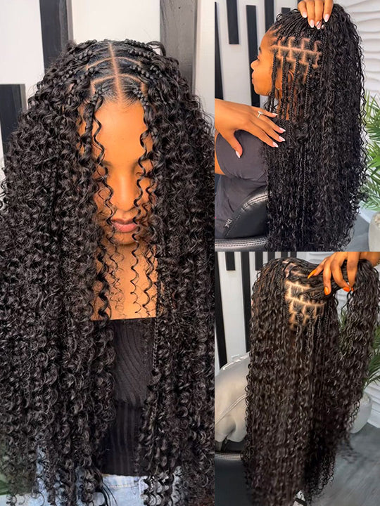 Glueless Full Lace Lightweight Ready-To-Go Box Braided Wig with Human Hair Boho Curls