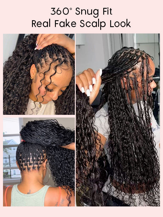 Glueless Full Lace Lightweight Ready-To-Go Box Braided Wig with Human Hair Boho Curls