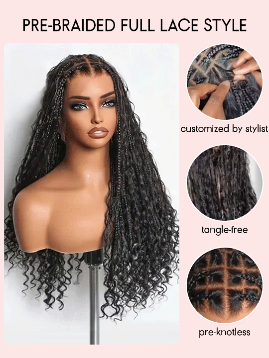 Glueless Full Lace Lightweight Ready-To-Go Box Braided Wig with Human Hair Boho Curls