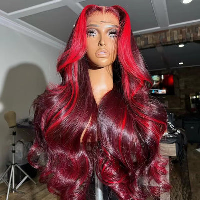 Burgundy With Red Highlights 3D Body Wave Lace Frontal Wigs - KissLove Hair