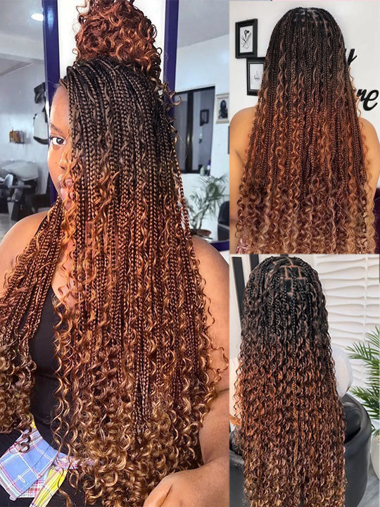 Ombre Chestnut Brown Full Lace Boho Braided Wig Glueless Invisi-Drawstring Ready To Go Wigs