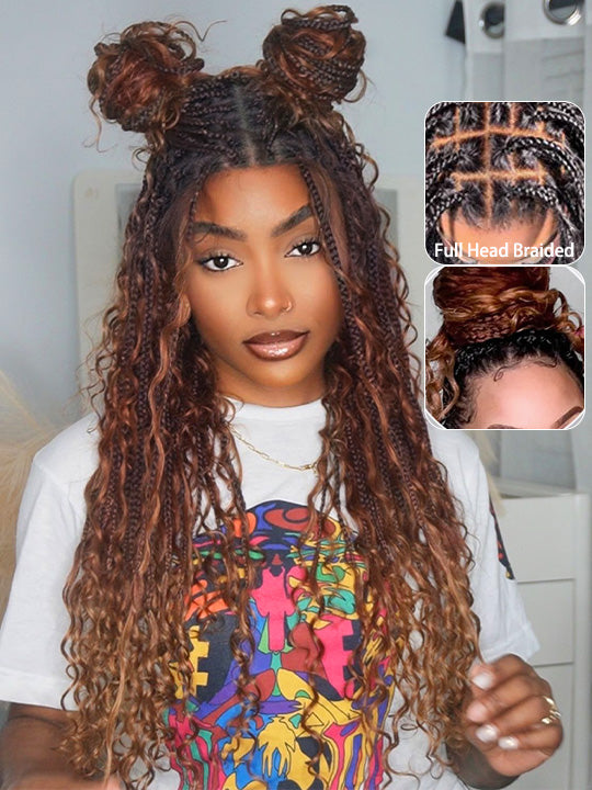 Ombre Chestnut Brown Full Lace Boho Braided Wig Glueless Invisi-Drawstring Ready To Go Wigs