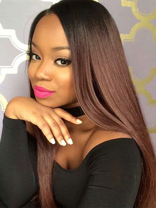 Ombre Brown  Silky Straight Hair Full Lace Wig Fake Scalp Colored Lace Frontal Wig