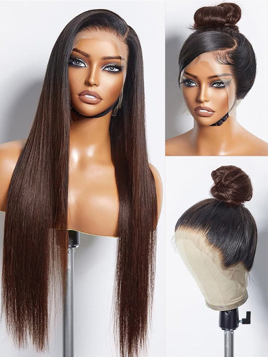 Ombre Brown  Silky Straight Hair Full Lace Wig Fake Scalp Colored Lace Frontal Wig
