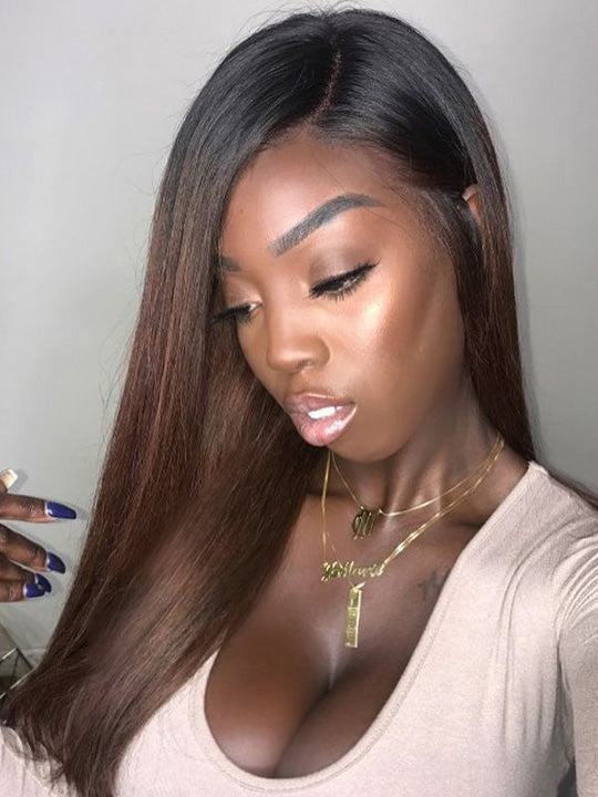 Ombre Brown  Silky Straight Hair Full Lace Wig Fake Scalp Colored Lace Frontal Wig