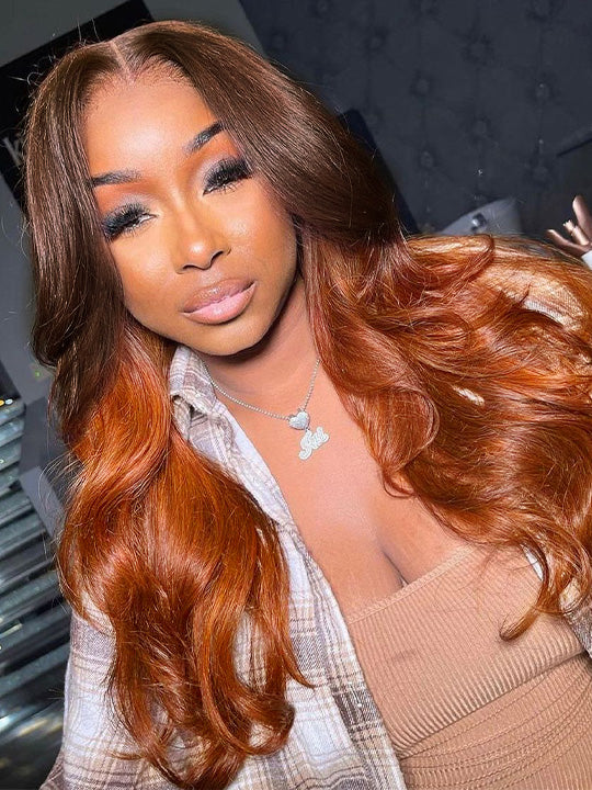 Kisslove Hair Pre Everything Ombre Rich Brown To Ginger Color 3D Body Wave Glueless Lace Frontal Wig