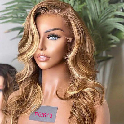 P4/613 P6/613 Brown Hair With Blonde Highlights 13x4 Lace Wigs 3D Body Wave Human Hair - KissLove Hair