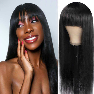 BOGO: Brazilian Straight Human Hair Wigs With Bangs Glueless Full Machine Made Wigs - KissLove Hair
