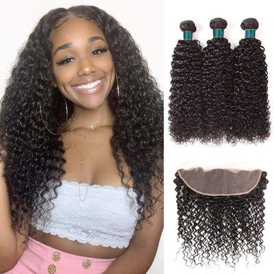 Jerry Curly 3 Bundles With 13*4 Lace Frontal Brazlian Human Hair Weave