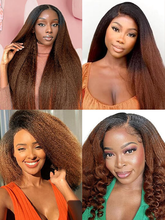 Kisslove Ombre Brown Yaki Straight Body Wave 360 Invisi-Drawstring Lace Human Hair Wigs