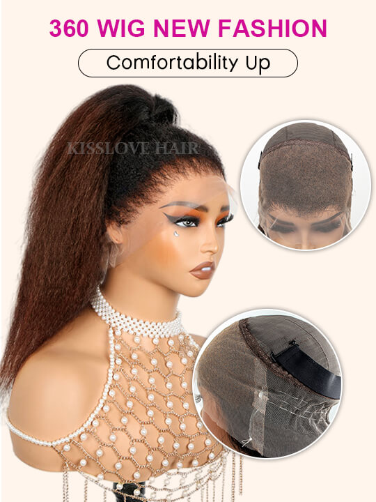Kisslove Ombre Brown Yaki Straight Body Wave 360 Invisi-Drawstring Lace Human Hair Wigs