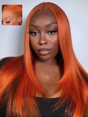 #350 Ginger Orange Straight Hair 13x6 Lace Frontal Wig Pre Plucked Colored Human Hair Wigs - KissLove Hair