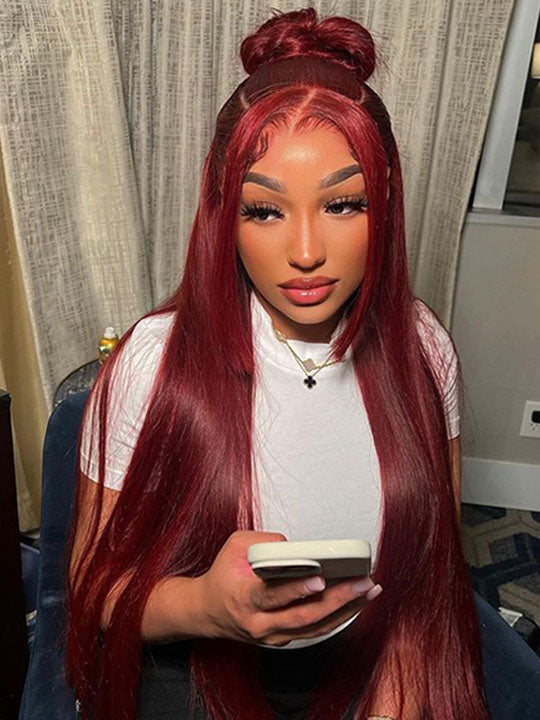 Bleached Knots Burgundy 360 Lace Frontal Wig Silky Straight Human Hair Wigs - Kisslove Hair