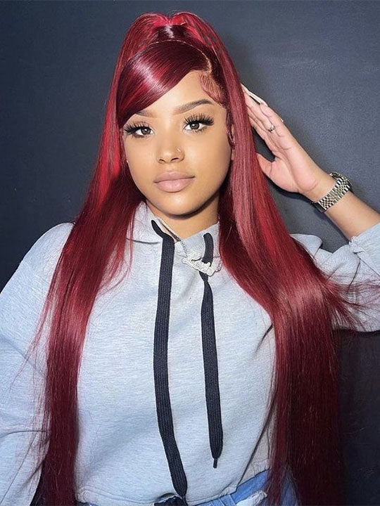 Bleached Knots Burgundy 360 Lace Frontal Wig Silky Straight Human Hair Wigs - Kisslove Hair