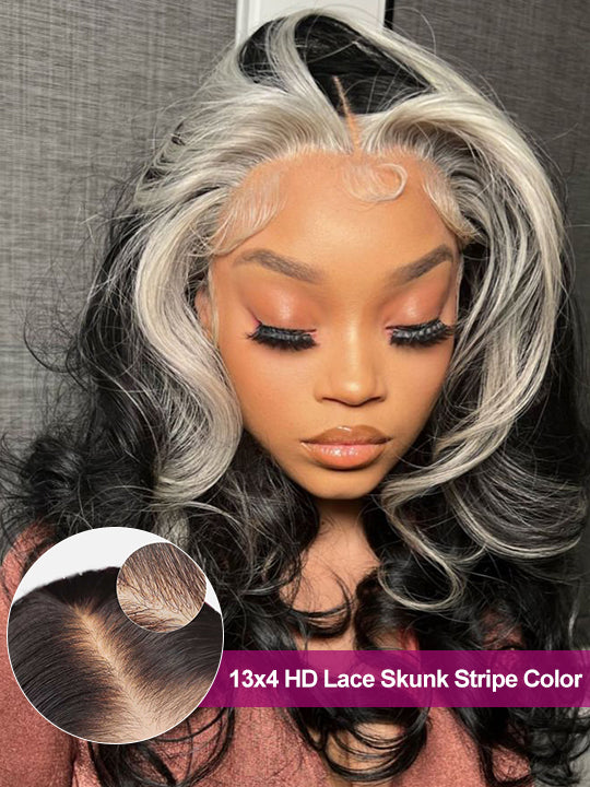 Gray Skunk Stripe Wig Highlights 3D Body Wave 13x4 HD Lace Front Human Hair Wigs - KissLove Hair