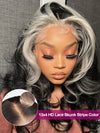 Gray Skunk Stripe Wig Highlights 3D Body Wave 13x4 HD Lace Front Human Hair Wigs - KissLove Hair