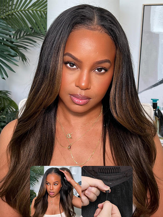 Ombre Black To Brown Light Yaki Straight Wig 4x4/6x4.5/13x4 Pre Max Pull Go Drawstring Wig - Kisslove Hair