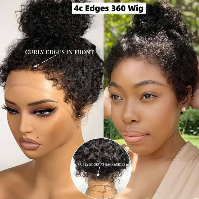 [Flash Deal] 4C Kinky Edges Invi-Drawstring Snug Fit 360 Lace Frontal Wig Natural Hairline Hat Wig