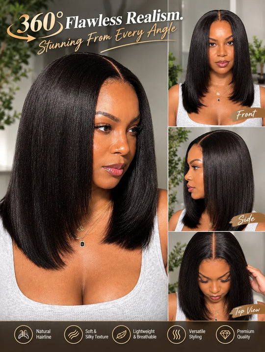 Kisslove Hair 7x5/13x4 Bye Bye Knots Layered Yaki Straight Short Bob Wig Invisi Drawstring Glueless Bob Wigs