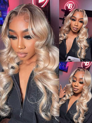 Ombre Ash Blonde Body Wave Wig Blonde Hair With Brown Roots Transparent Full Lace Frontal Wigs - KissLove Hair