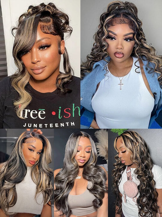 KissLove 360 Lace Wig Honey Blonde Highlight on Black Hair Body Wave Wig with Invisi-Drawstring