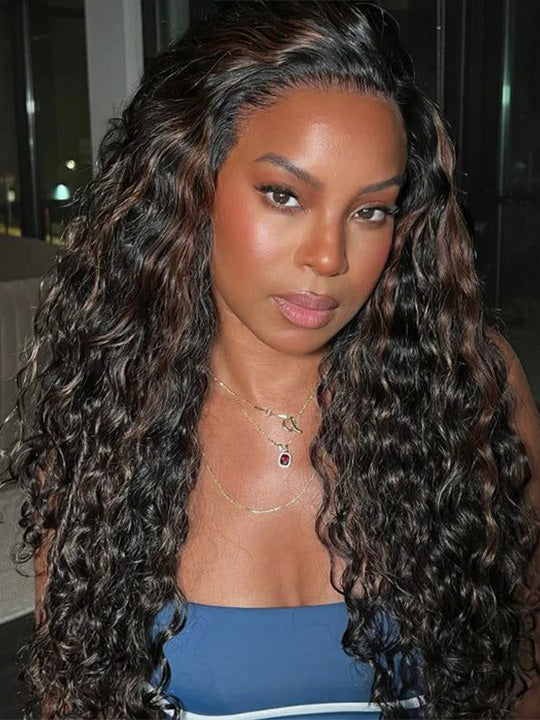 [85% Off] KissLove Dark Brown Highlights 360 Lace Wig Straight Hair/Deep Wave Wig with Invisi-Drawstring Cap - KissLove Hair