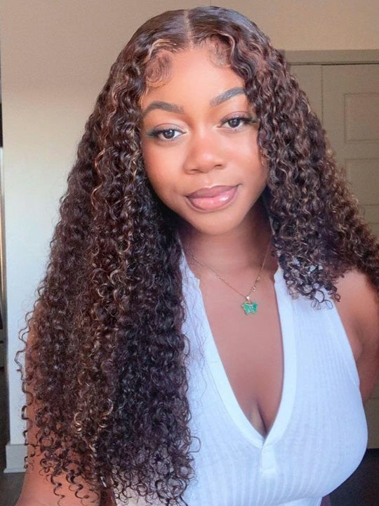 [85% Off] KissLove Dark Brown Highlights 360 Lace Wig Straight Hair/Deep Wave Wig with Invisi-Drawstring Cap