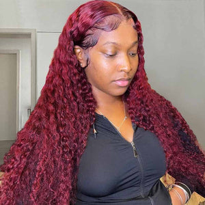 99J Dark Red Hair Deep Curly Burgundy Wig 13x4 13x6 360 Transparent Lace Human Hair Wigs - KissLove Hair