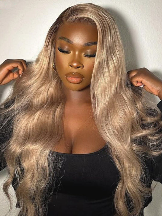 Ombre Ash Blonde Body Wave Wig Blonde Hair With Brown Roots 13x4 Transparent Full Lace Frontal Wigs