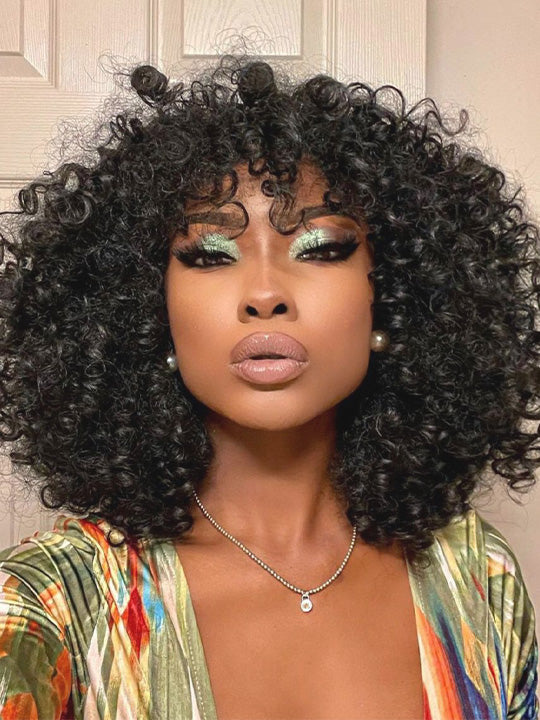 250% Density Kinky Curly Bob Wig with Bangs Glueless 3x1 Lace Pull & Go Drawstring Wig