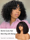 250% Density Kinky Curly Bob Wig with Bangs Glueless 3x1 Lace Pull & Go Drawstring Wig