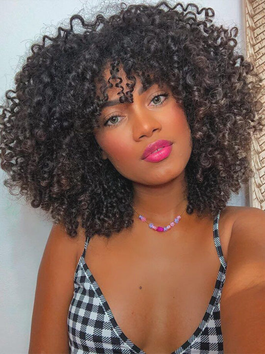 250% Density Kinky Curly Bob Wig with Bangs Glueless 3x1 Lace Pull & Go Drawstring Wig