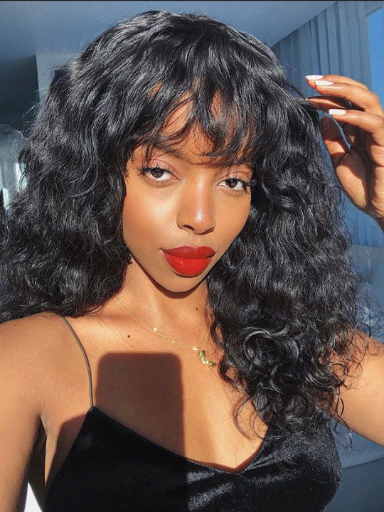 Bouncy Natural Wave Wig with Bangs Glueless 3x1 Lace Pull & Go Drawstring Wig
