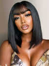 Kisslove Glueless Double Drawn 3x1 Middle Part Bob Wig Bone Straight /Yaki Straight Wig with Bangs Pull & Go Wig