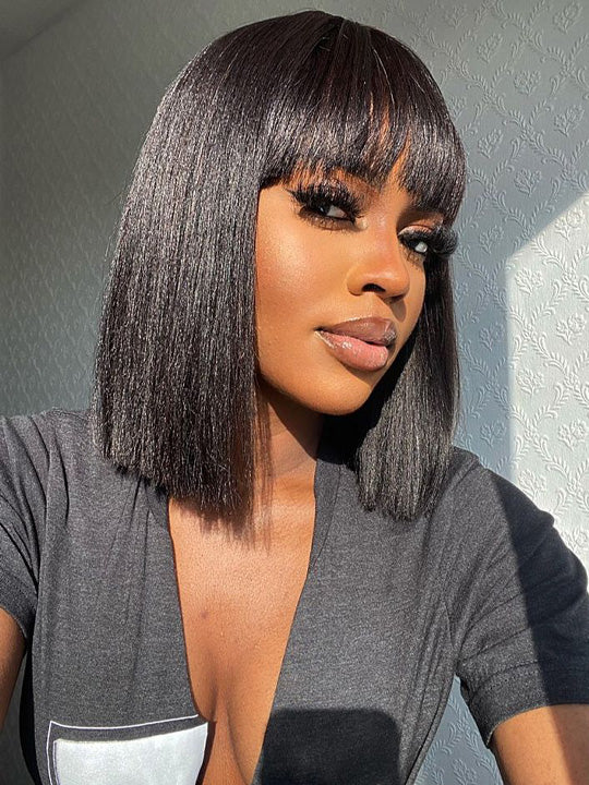 Kisslove Glueless Double Drawn 3x1 Middle Part Bob Wig Bone Straight /Yaki Straight Wig with Bangs Pull & Go Wig