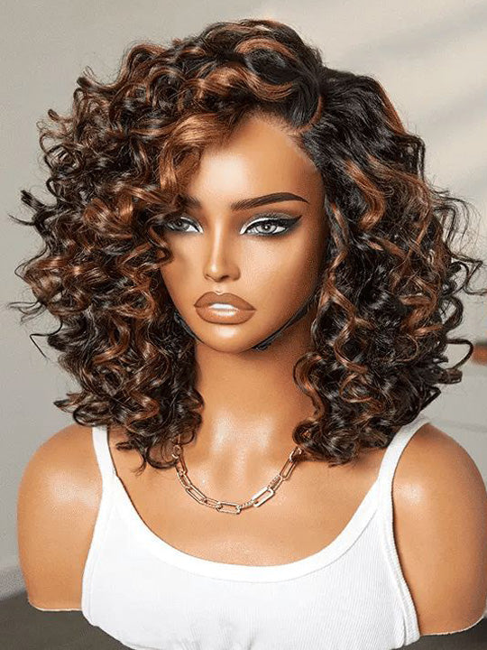 Caramel Highlights Bouncy Loose Wave Bob Wigs Glueless 6x4.5 Pull Go Wig