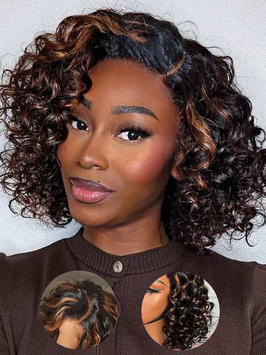 Caramel Highlights Bouncy Loose Wave Bob Wigs Glueless 6x4.5 Pull Go Wig