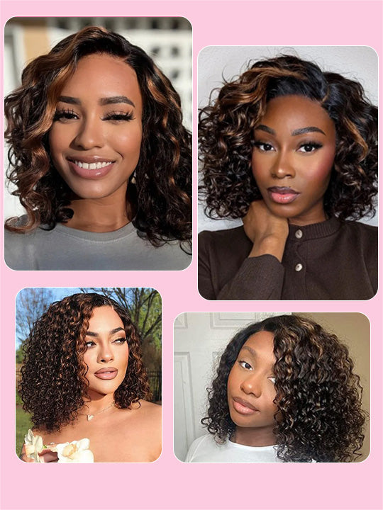 Caramel Highlights Bouncy Loose Wave Bob Wigs Glueless 6x4.5 Pull Go Wig