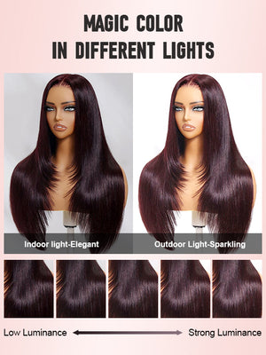 Kisslove Glueless Invisi-Drawstring 360 Lace Wig Dark Plum Color Curtain Bangs & Layered Body Wave Wig - Kisslove Hair