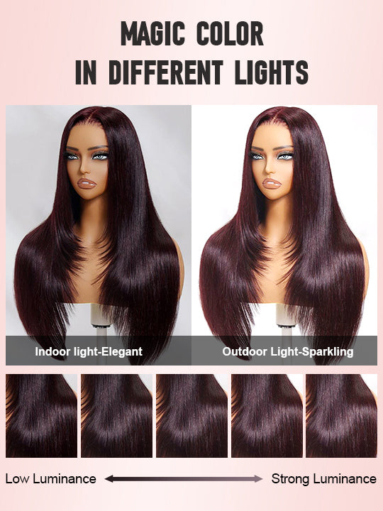 Kisslove Glueless Invisi-Drawstring 360 Lace Wig Dark Plum Color Curtain Bangs & Layered Body Wave Wig