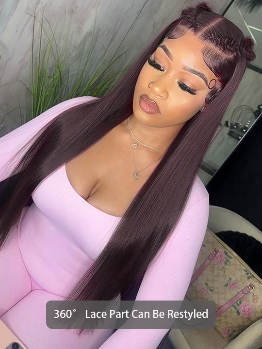 Kisslove Black Cherry Layered Straight Hair Glueless Invisi-Drawstring 360 Lace Wig Dark Burgundy Hair