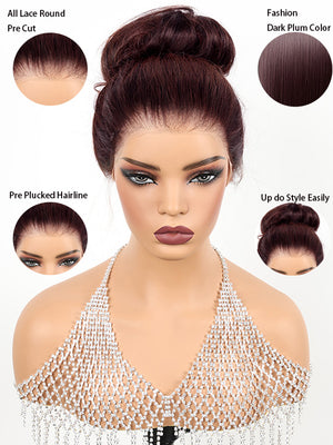 Kisslove Glueless Invisi-Drawstring 360 Lace Wig Dark Plum Color Curtain Bangs & Layered Body Wave Wig - Kisslove Hair