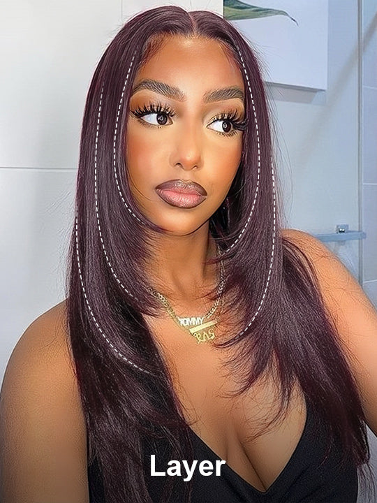 Kisslove Black Cherry Layered Straight Hair Glueless Invisi-Drawstring 360 Lace Wig Dark Burgundy Hair - Kisslove Hair