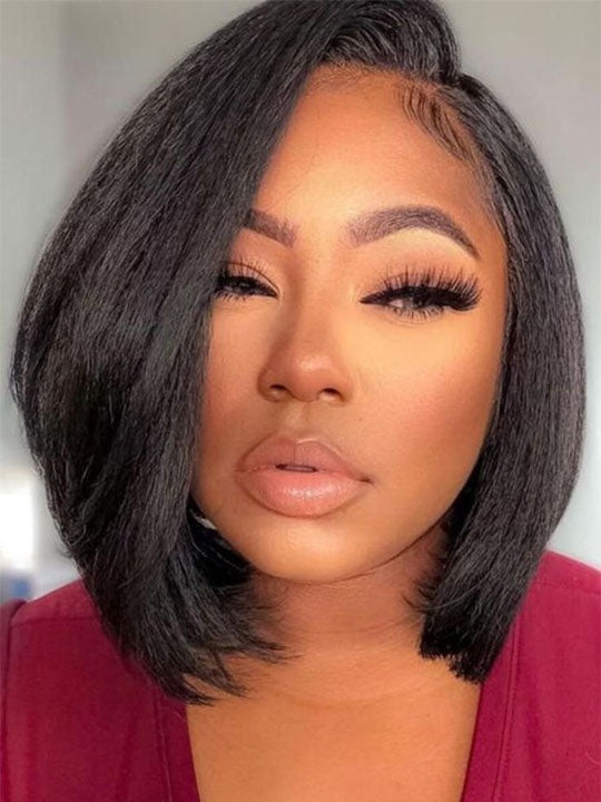 [2 Bob Wigs]13x4 Lace Frontal Chocolate Brown Hair+Yaki Straight Hair Bob Wig