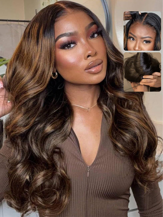 Kisslove Glueless Brown Bayalage Highlights Wig Invisi-Drawstring Snug Fit 360 Lace Wig
